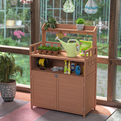 GUTALOR Outdoor Potting Bench Table, Wooden Garden Planting Workstation with Large Storage Cabinet & Top Shelf for Gardening, Patio, or Backyard Use