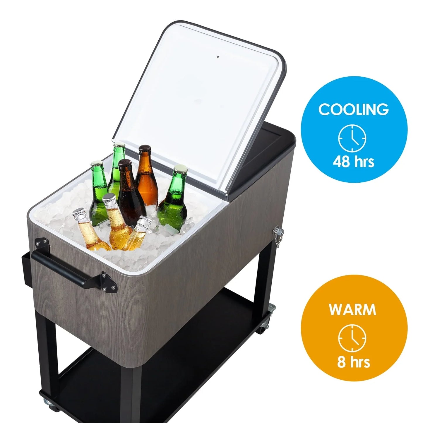 SamyoHome Cooler Cart 80QT Frozen Function with Shelf Wood Grain Accent Patio Ice Chest Gray