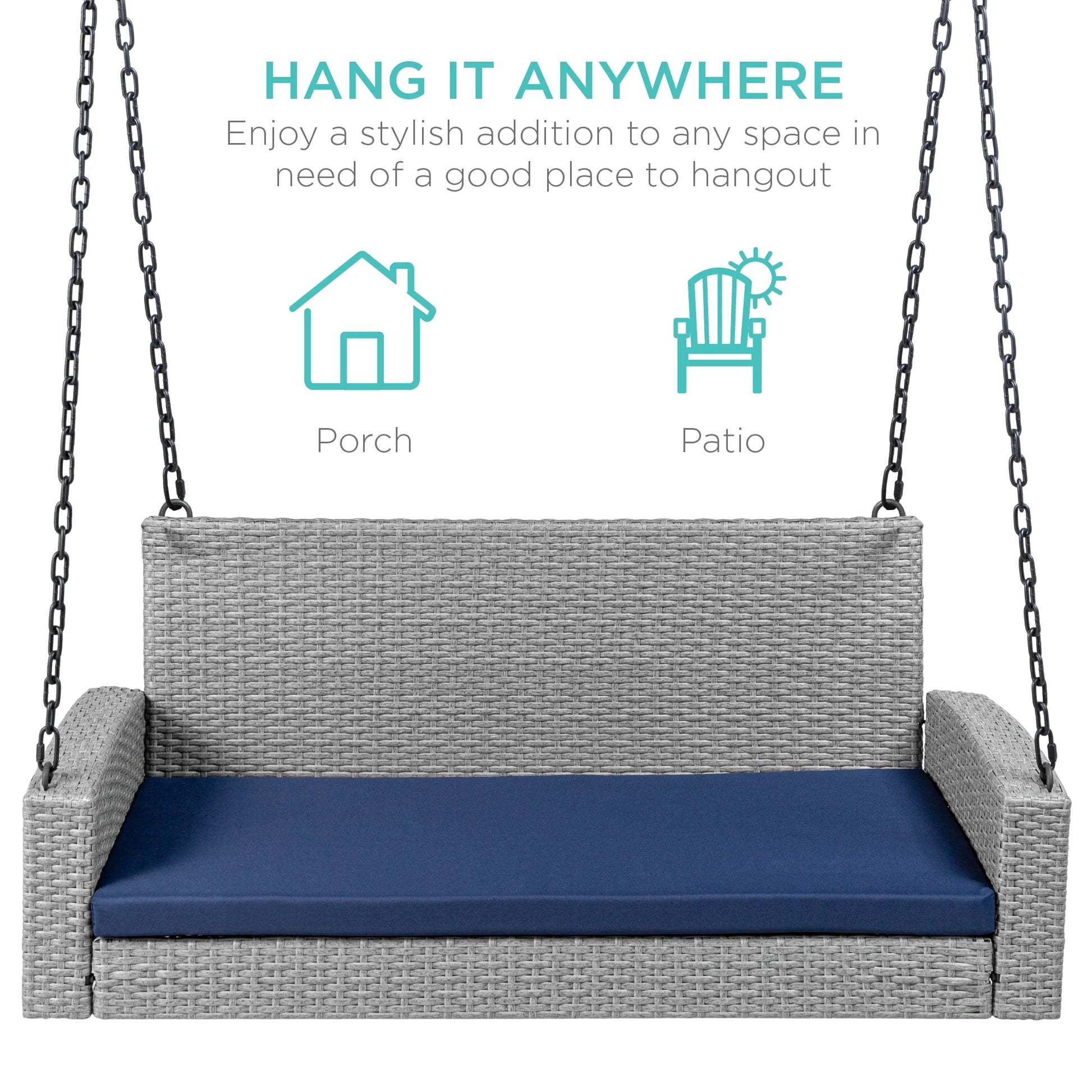 Best Choice Products Woven Wicker Hanging Porch Swing Bench for Patio, Deck w/Mounting Chains, Seat Cushion - Gray/Navy