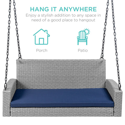 Best Choice Products Woven Wicker Hanging Porch Swing Bench for Patio, Deck w/Mounting Chains, Seat Cushion - Gray/Navy
