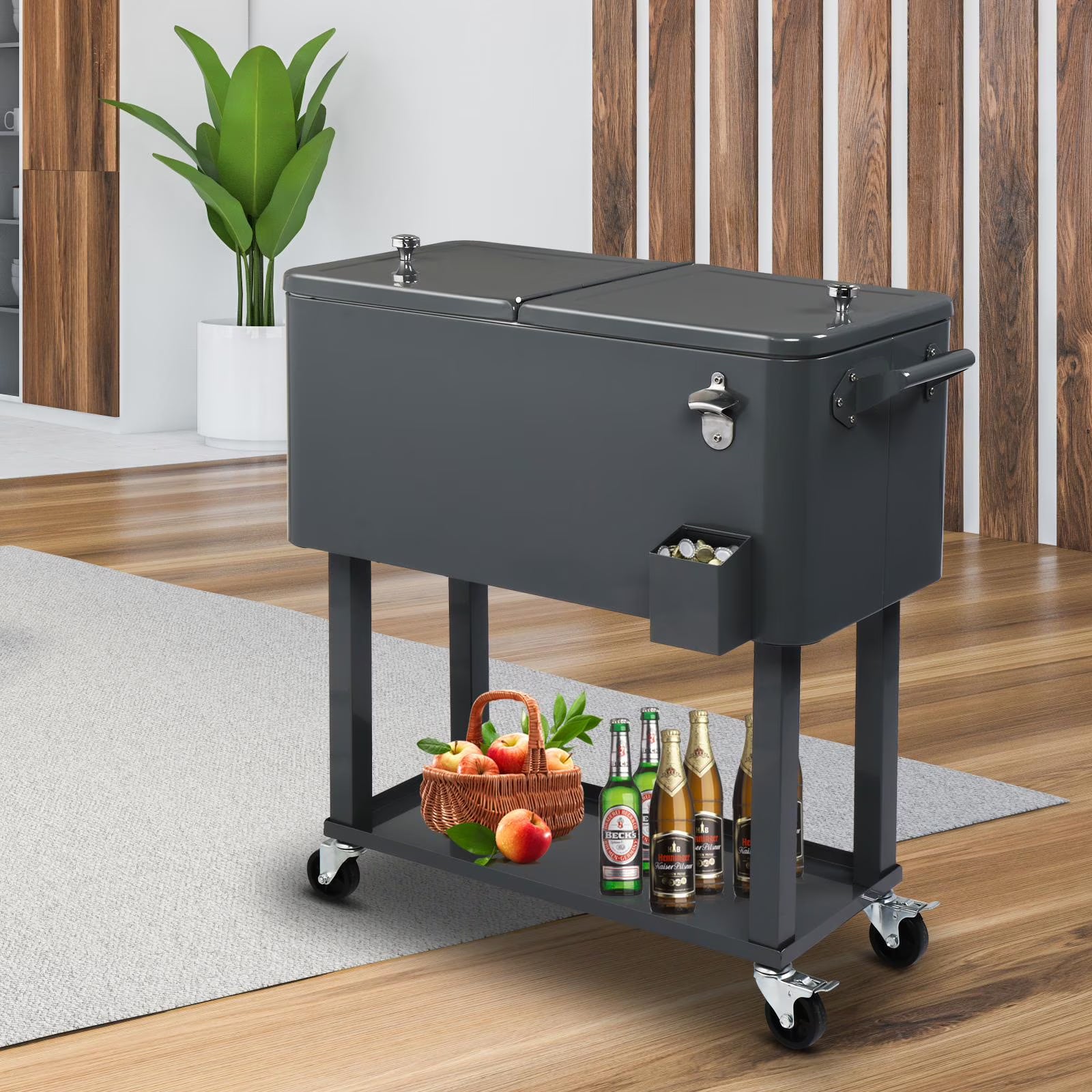 EasingRoom Iron Spray Plastic Patio Cooler Cart with Tray Cooler with Shelf Green