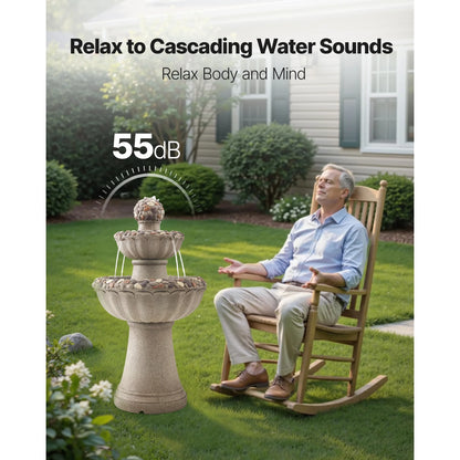 KFFKFF Outdoor Water Fountain, 36.5-Inch Tall 2-Tier Design with Rock-Style Base, Fiberglass and Resin Construction, Includes Pump, Ideal for Garden, Patio, Backyard, or Indoor Spaces