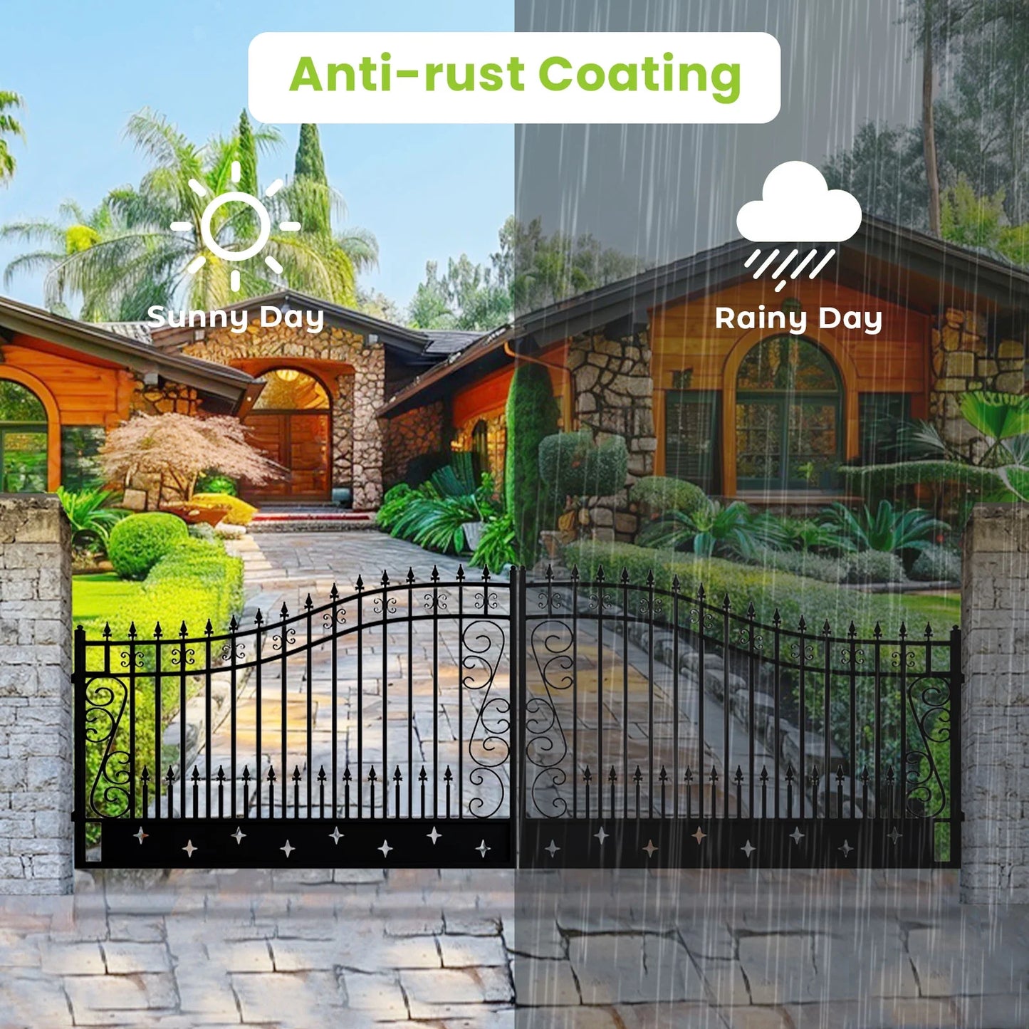 Outdoor Dual Swing Wrought Iron Gate for Driveway, Security Gate, Outdoor Fence Gate, Vienna Style for Yard, Backyard Patio 20'Star