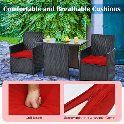 Gymax 3PCS Patio Wicker Bistro Set PE Rattan Dining Table Set w/Red Cushions