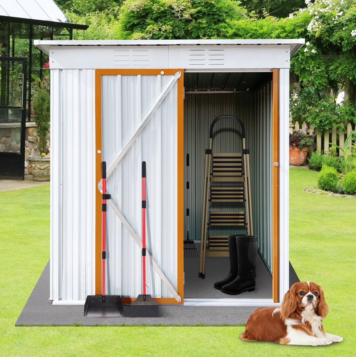 SYNGAR Storage Sheds 5 x 3 ft, Outdoor Storage Cabinet with Lockable Door Sloped Roof, Outdoor Storage Box Waterproof UV Proof for Patio Garden, Metal Tool Shed, White