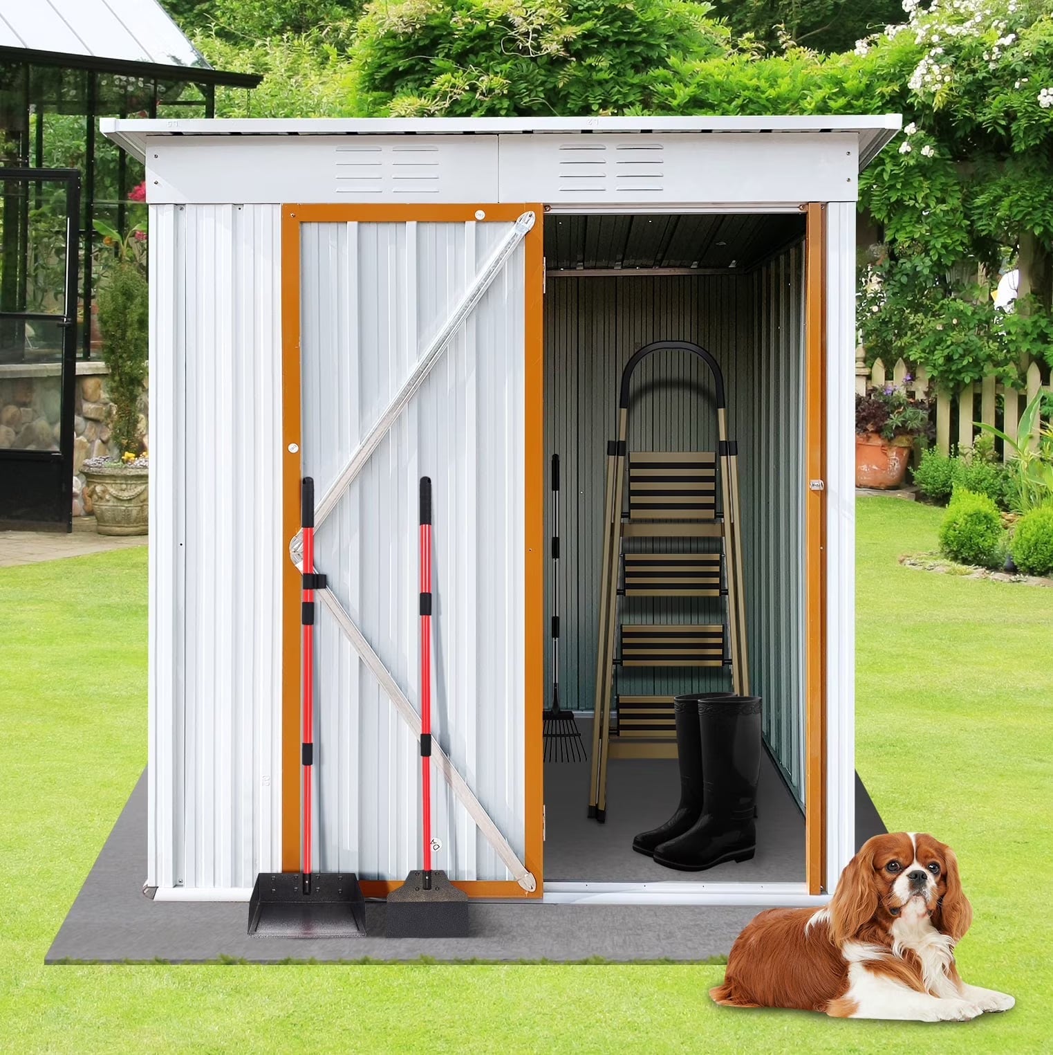 SYNGAR Storage Sheds 5 x 3 ft, Outdoor Storage Cabinet with Lockable Door Sloped Roof, Outdoor Storage Box Waterproof UV Proof for Patio Garden, Metal Tool Shed, White