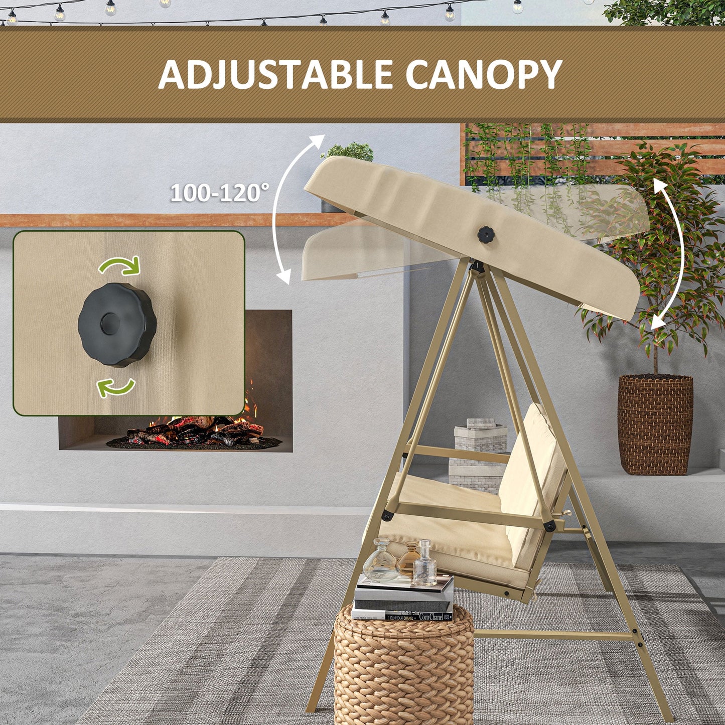 Outsunny 3-Seat Outdoor Porch Swing, Patio Swing Chair with Adjustable Canopy, Removable Cushions for Garden, Backyard, and Poolside, Beige