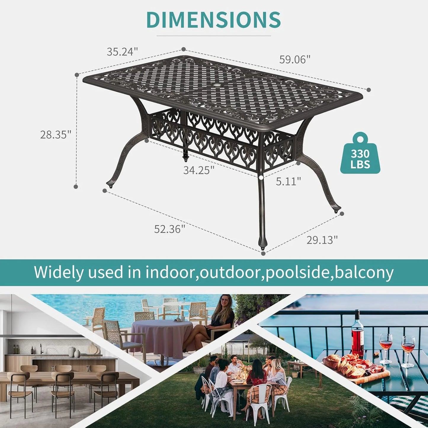 59.06" Cast Aluminum Outdoor Dining Table for 6 People, Rust-Resistant All-Weather Metal Patio Table with 2" Umbrella Hole, Heavy-Duty Garden Furniture for Deck, Backyard, Dark Bronze, Only Desk