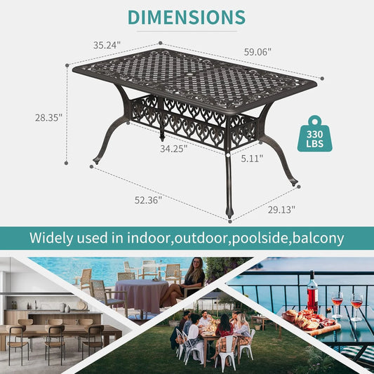 59.06" Cast Aluminum Outdoor Dining Table for 6 People, Rust-Resistant All-Weather Metal Patio Table with 2" Umbrella Hole, Heavy-Duty Garden Furniture for Deck, Backyard, Dark Bronze, Only Desk