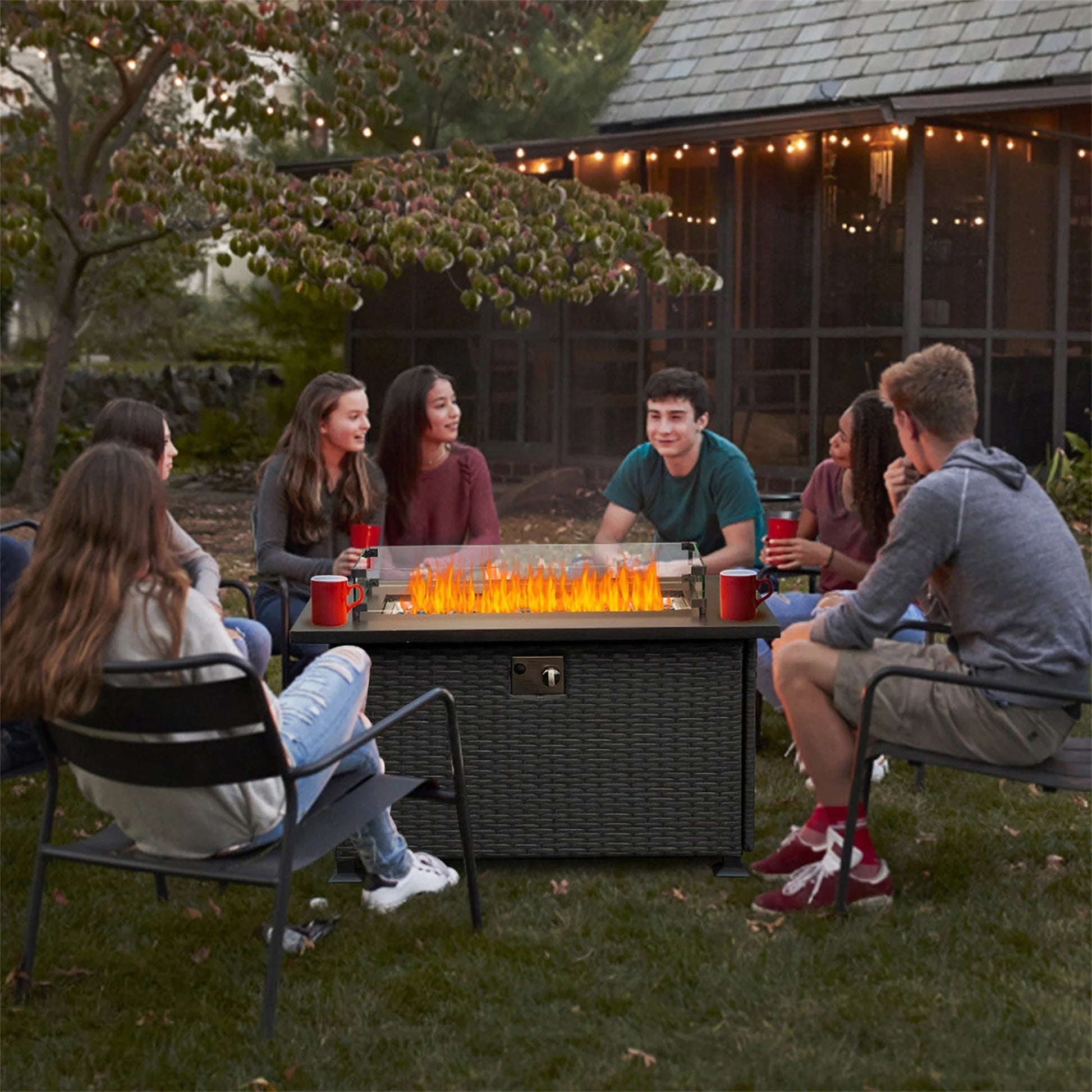 Outdoor Gas Fire Pit, SYNGAR 43 inch 50,000 BTU Auto-Ignition Propane Fire Pit Table with Glass Wind Guard, Volcanic Stones and Lid, 2-in-1 Fire Pit Table for Patio, Garden, Backyard, Deck, Poolside
