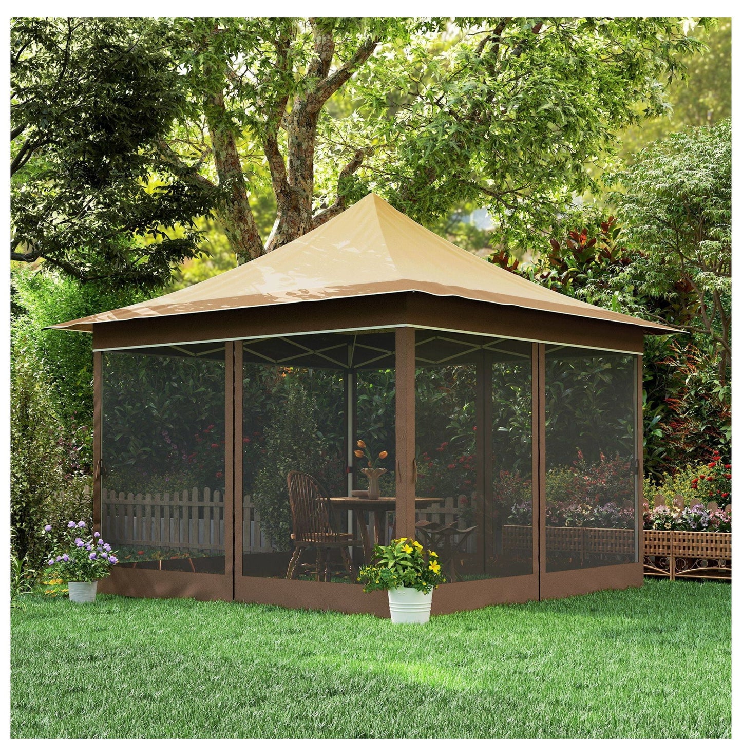 12x12 Canopy Tent with Mesh Netting, UPF 50+ Pop Up Gazebo, Beige - Patio Sun Shelter for Garden, Parties, Outdoor Events