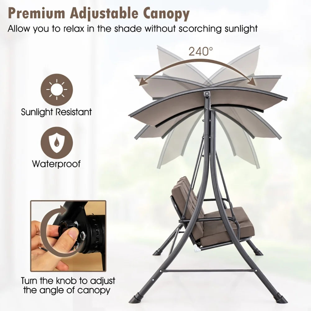 Yardi Yard 3-Seat Outdoor Porch Swing with Adjustable Canopy and Padded Cushions-Brown for Front Porch, Poolside, Patio, Backyard