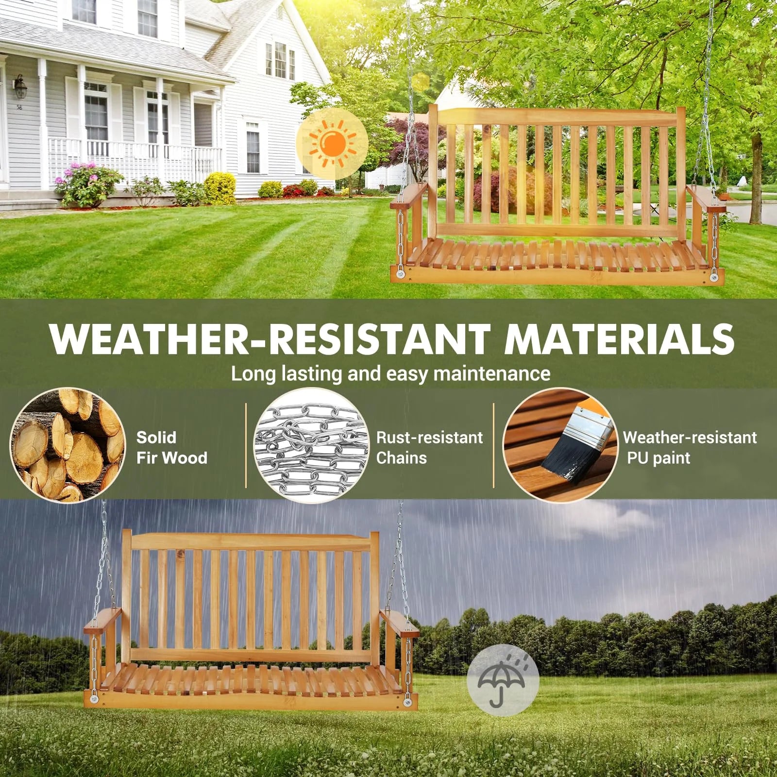 Garvee Outdoor Wooden Porch Swing 4FT, Patio Porch Bench Swing, Heavy Duty 440LBS Hanging Swing Chair Beach Outdoor Swings with Hanging Chain, Spring for Garden Deck Patio Outdoor Yard