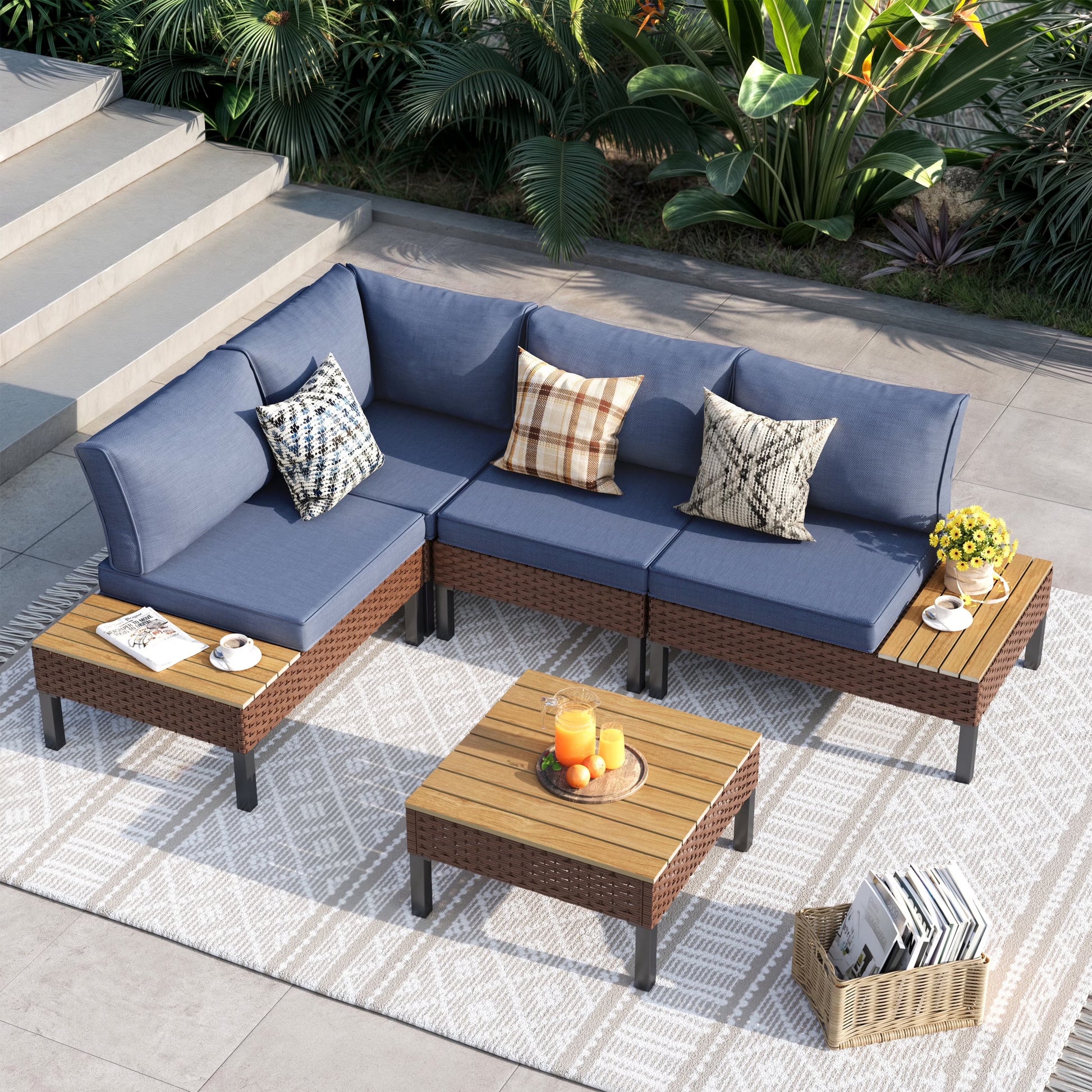 ELPOSUN L Shaped Conversation Sectional Sofa Set with Coffee Table, 5 Pieces Patio Furniture Seating Group with Side Table for Backyard Garden, Beige Grey
