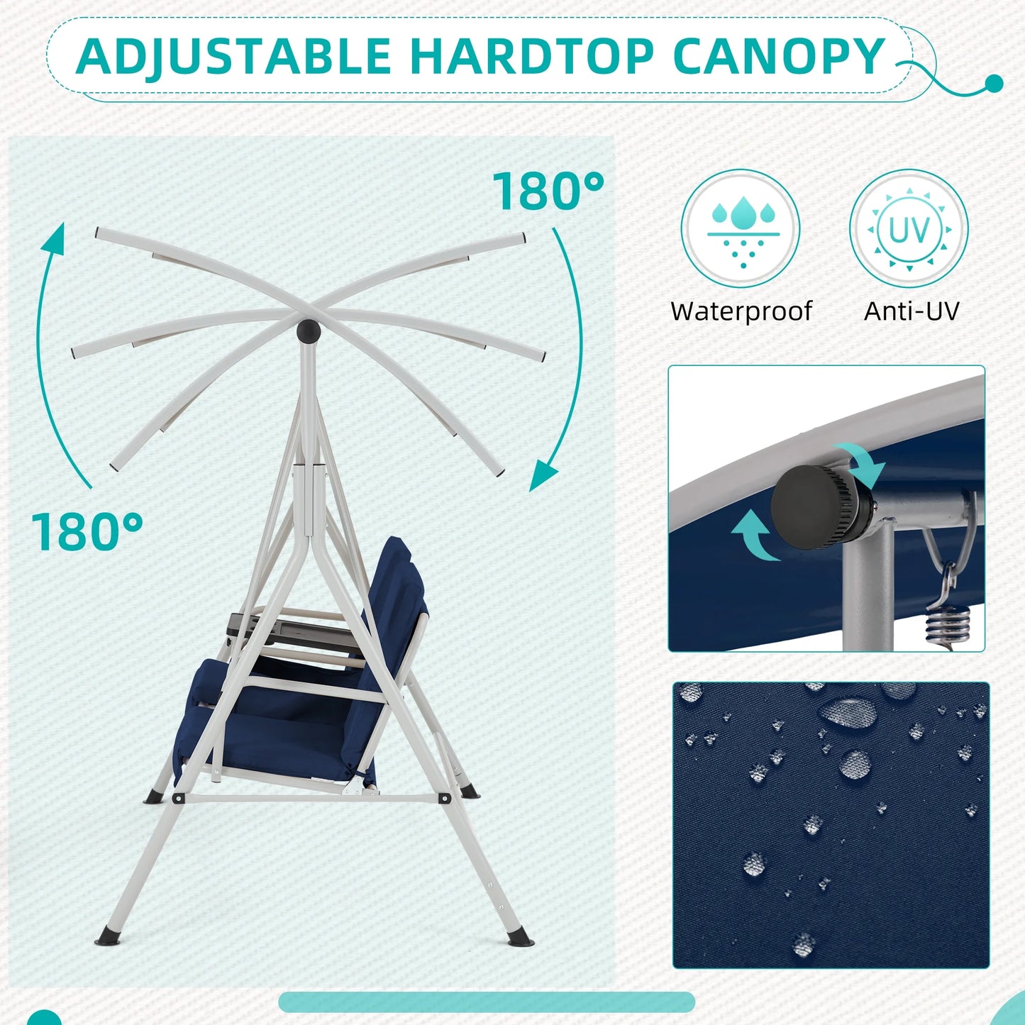 HOMREST Patio Swing with Adjustable CanopyHeavy Duty 650 LBS Outdoor Swing with Pivot Storage Table & 4 Cup Holders & Cushions for Yard, Lawn, Backyard, Navy Blue