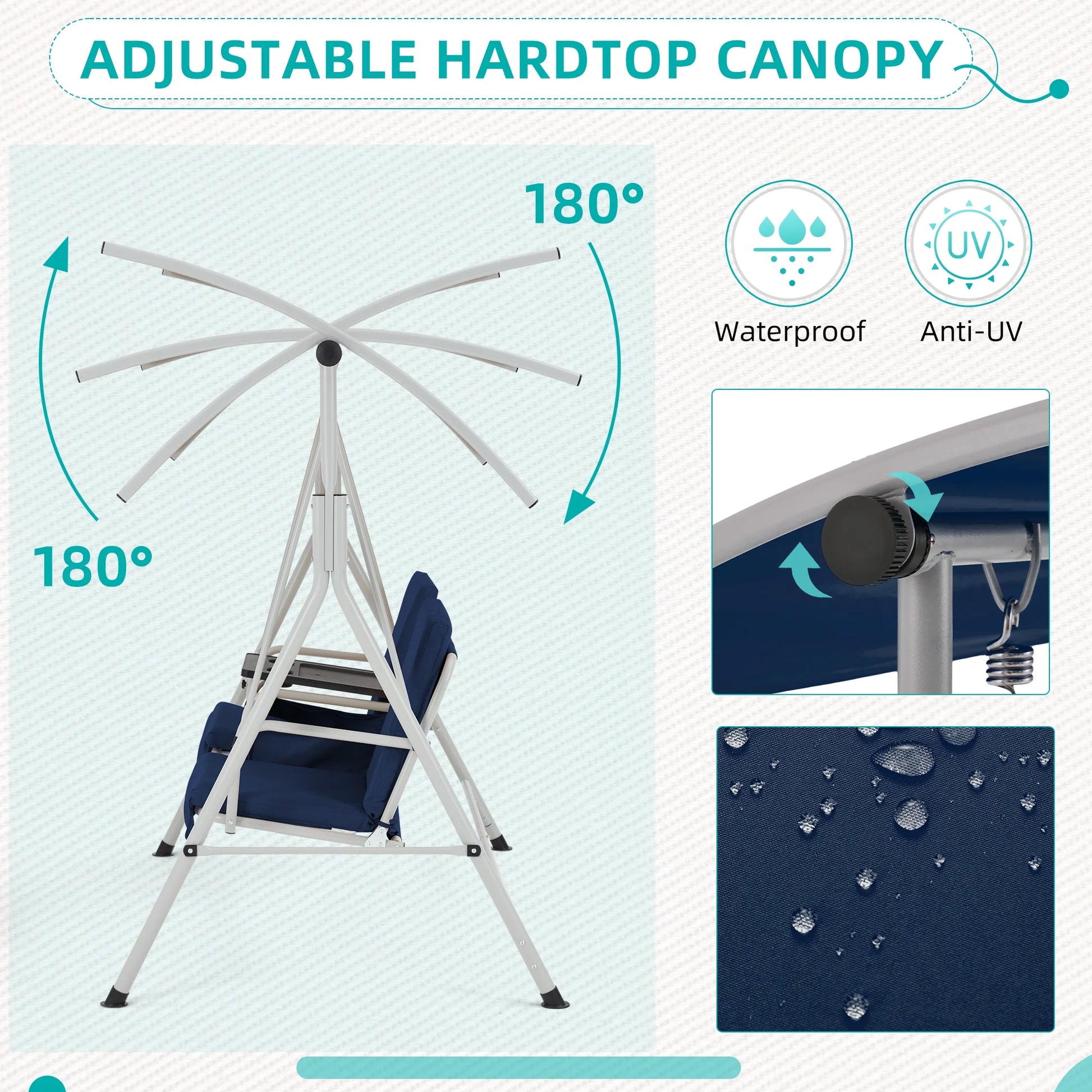 HOMREST Patio Swing with Adjustable CanopyHeavy Duty 650 LBS Outdoor Swing with Pivot Storage Table & 4 Cup Holders & Cushions for Yard, Lawn, Backyard, Navy Blue