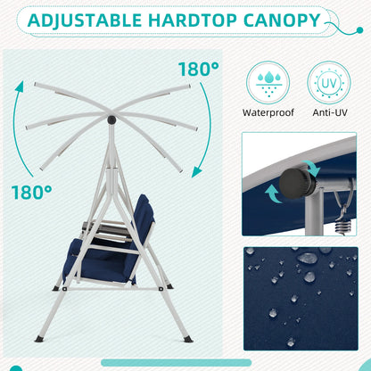HOMREST Patio Swing with Adjustable CanopyHeavy Duty 650 LBS Outdoor Swing with Pivot Storage Table & 4 Cup Holders & Cushions for Yard, Lawn, Backyard, Navy Blue