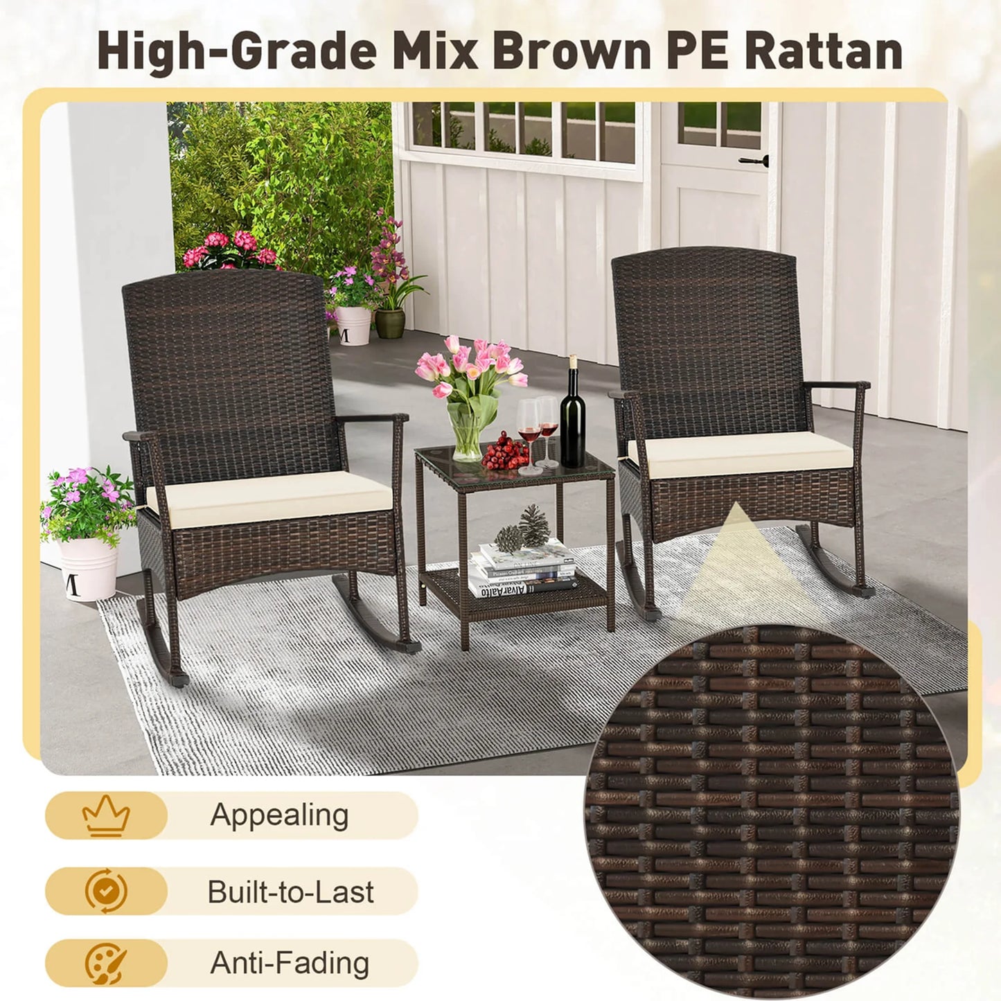 Costway Serenity 3 Piece Patio Rocking Wicker Rockers with White Cushions 2 Tier Coffee Table