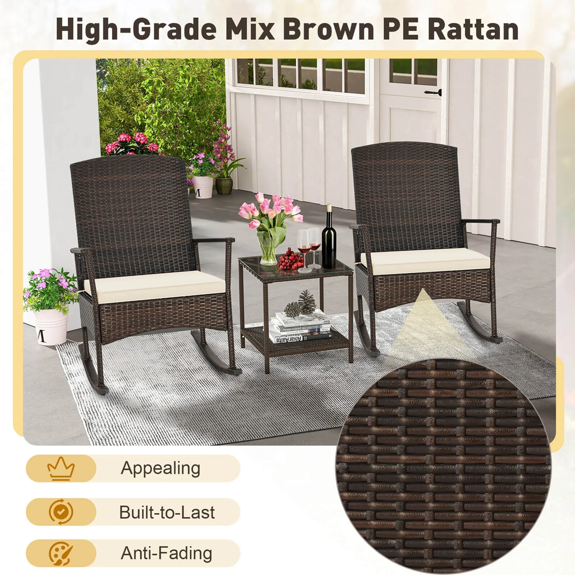 Costway Serenity 3 Piece Patio Rocking Wicker Rockers with White Cushions 2 Tier Coffee Table