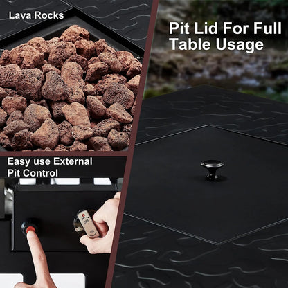 VECELO 30" Square Propane Fire Pit Table, 50,000 BTU Gas Fire Square Fireplace with Lid and Lava Rock for Outdoor, Patio, Backyard, Party, Black