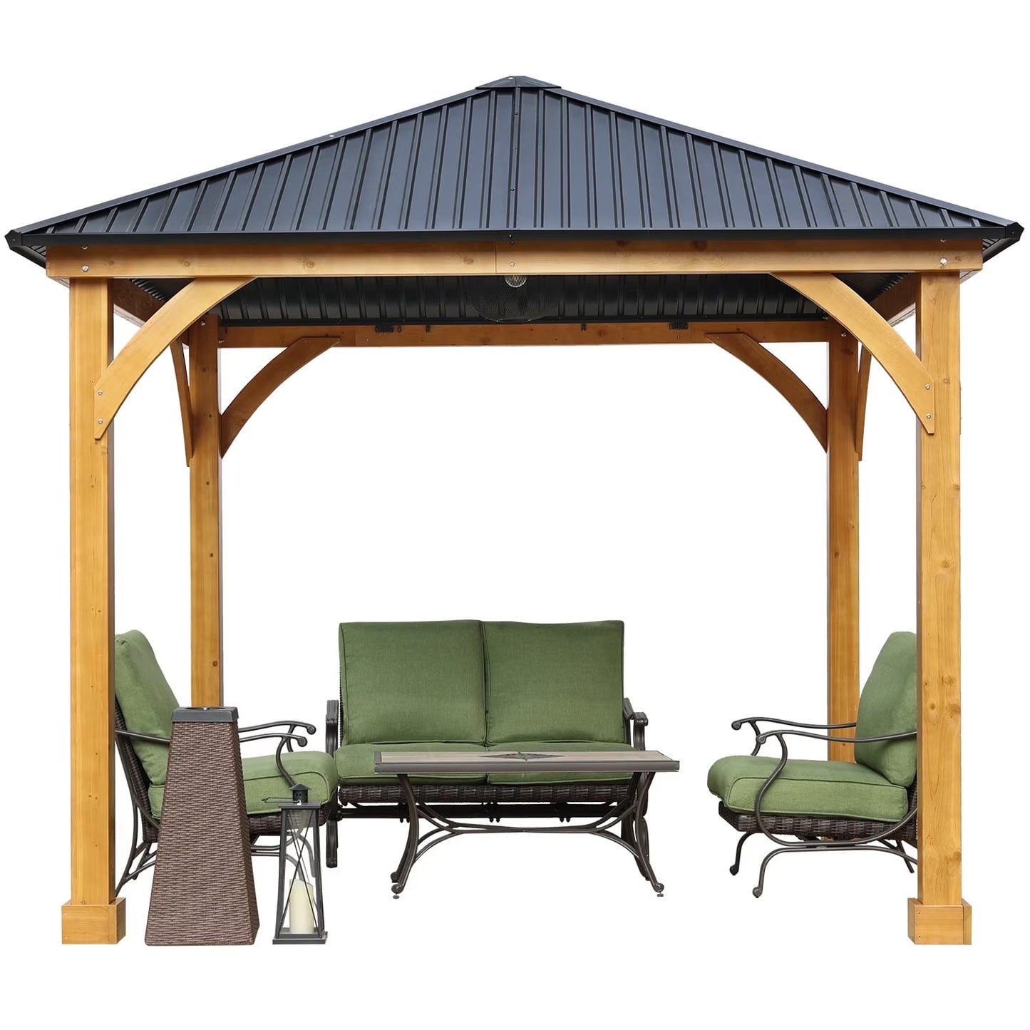 Aoodor 10 x 12 ft Wooden Frame Gazebo with 2-Tier Galvanized Metal Hardtop Roof, Outdoor Patio Gazebo with Charging Socket for Patio, Backyard, Deck, and Lawn