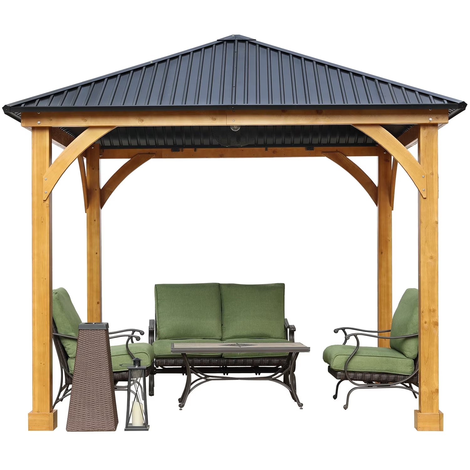 Aoodor 10 x 12 ft Wooden Frame Gazebo with 2-Tier Galvanized Metal Hardtop Roof, Outdoor Patio Gazebo with Charging Socket for Patio, Backyard, Deck, and Lawn