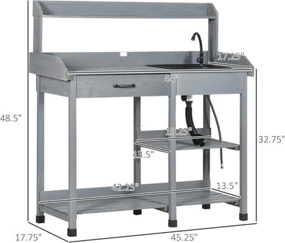 SSyao Potting Bench Table, Outdoor Wooden Garden Workstation with Removable Sink, Faucet, Storage Drawer, Shelves & Tool Hooks, Gardening Table for Patio, Backyard, Greenhouse, Planting Tasks,Gray