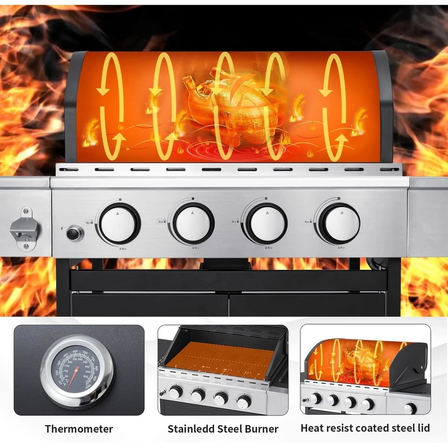 Erommy 3+1/4+1 Burner BBQ Propane Gas Grill, 24,000/36,000 BTU Stainless Steel Patio Barbecue Grill with Stove and Side Table 3+1 burner