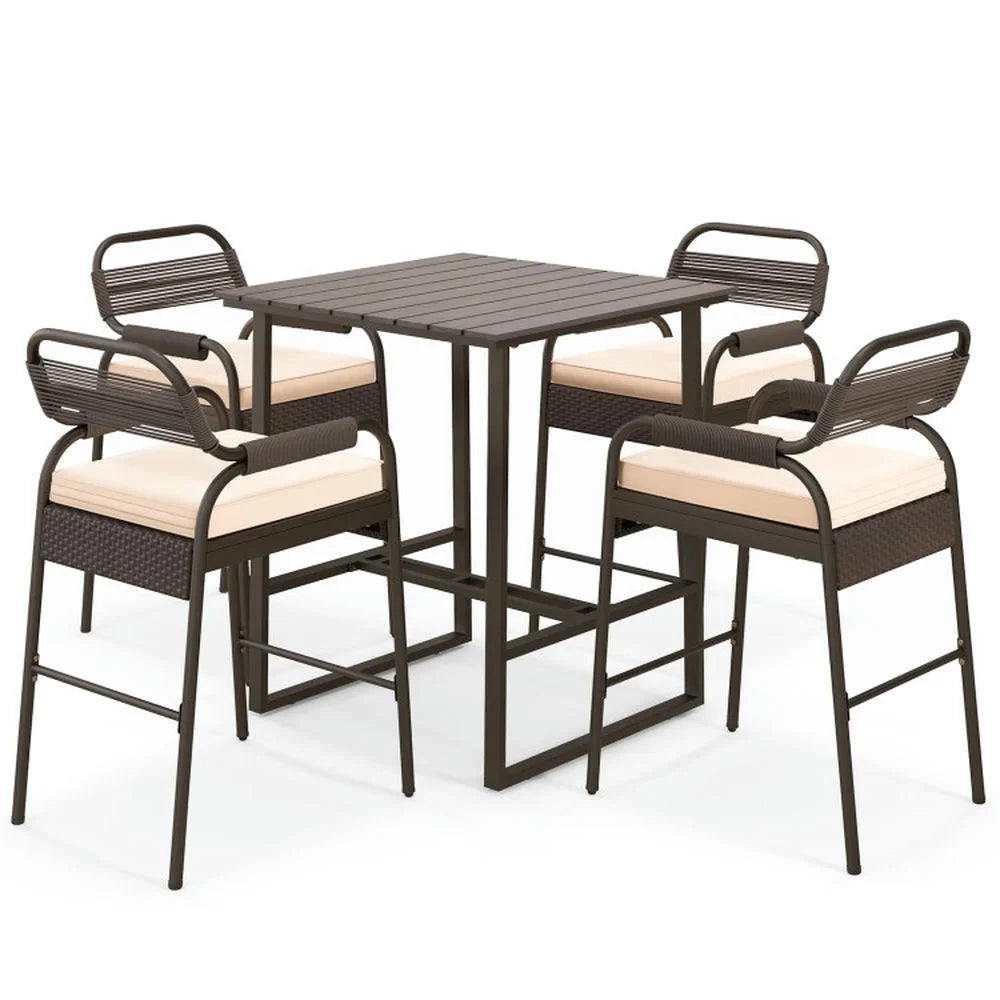 Spaco 5 Piece Rattan Counter Set with 4 Stools and Polywood Bar Table, Outdoor Chairs, Patio Chair, Outdoor Patio Furniture-Brown