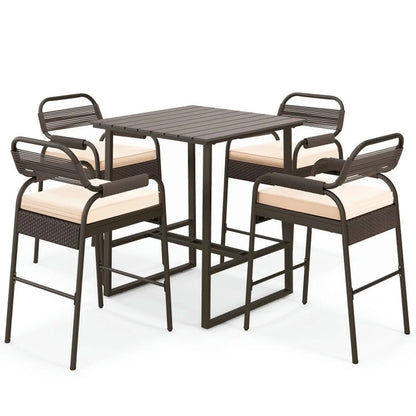 Spaco 5 Piece Rattan Counter Set with 4 Stools and Polywood Bar Table, Outdoor Chairs, Patio Chair, Outdoor Patio Furniture-Brown