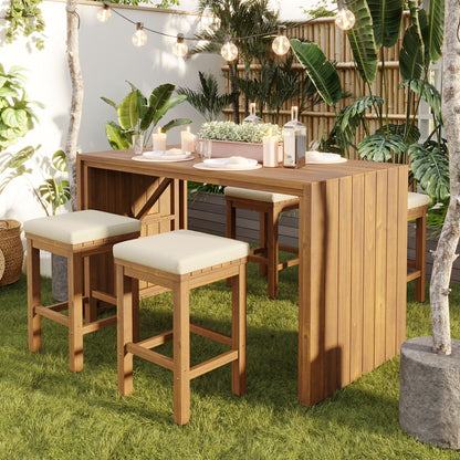 Bellemave 5-Piece Outdoor Bar Set Patio Acacia Wood Bar Height Table and Stools Dining Bar Set with Beige Cushion for Garden, Yard, Poolside