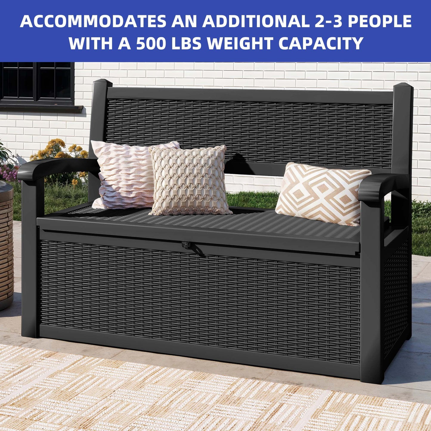 ModFusion 70-Gallon Outdoor Resin Storage Cabinet with Rattan Backrest - Waterproof Patio Bench Seat, 500 lbs Capacity, Black