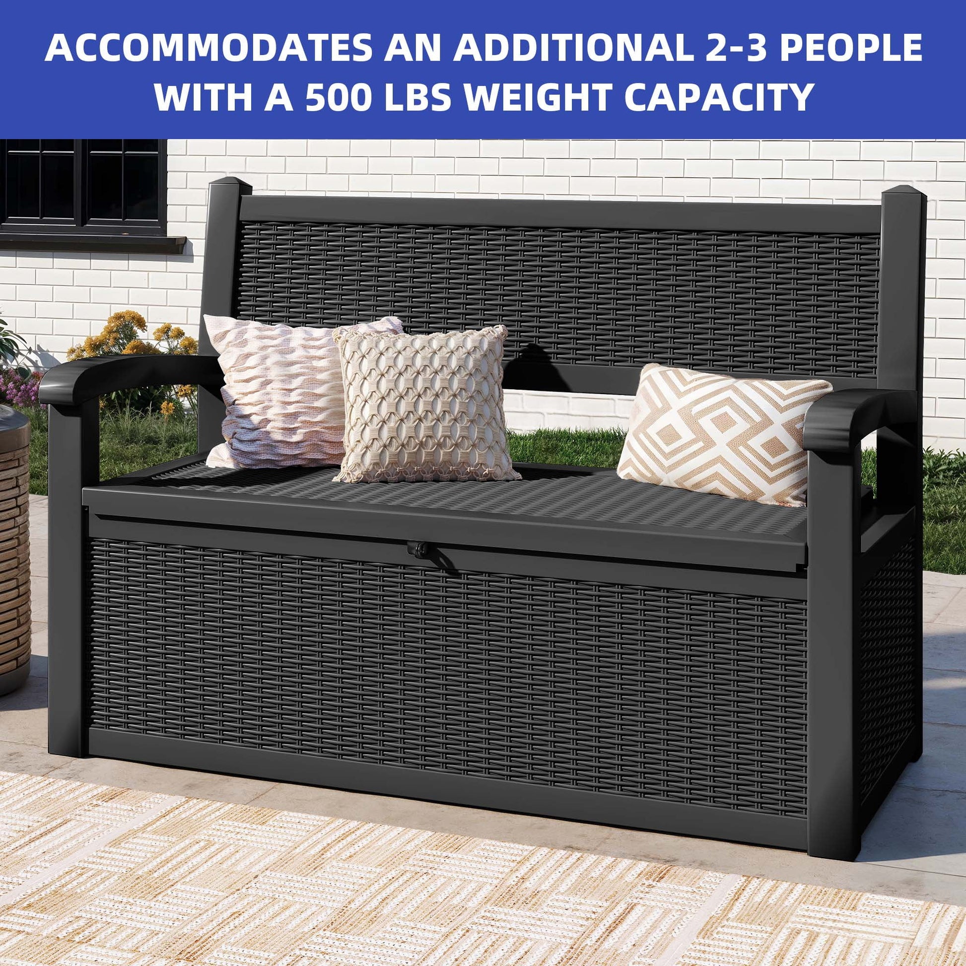 ModFusion 70-Gallon Outdoor Resin Storage Cabinet with Rattan Backrest - Waterproof Patio Bench Seat, 500 lbs Capacity, Black