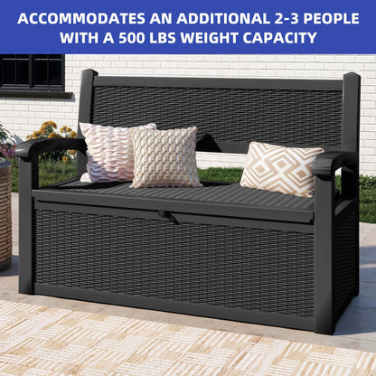 ModFusion 70-Gallon Outdoor Resin Storage Cabinet with Rattan Backrest - Waterproof Patio Bench Seat, 500 lbs Capacity, Black