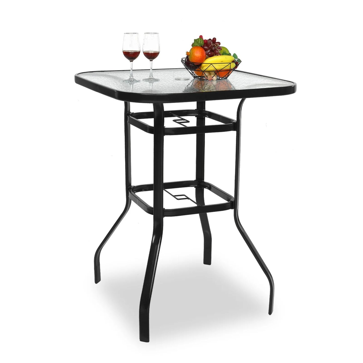 IVV Outdoor Patio Bar Height Bistro Table w/Tempered Glass Top & 1.8" Umbrella Hole & Metal Frame, 31.5"L x 31.5"W x 39.8"H, Black & Clear