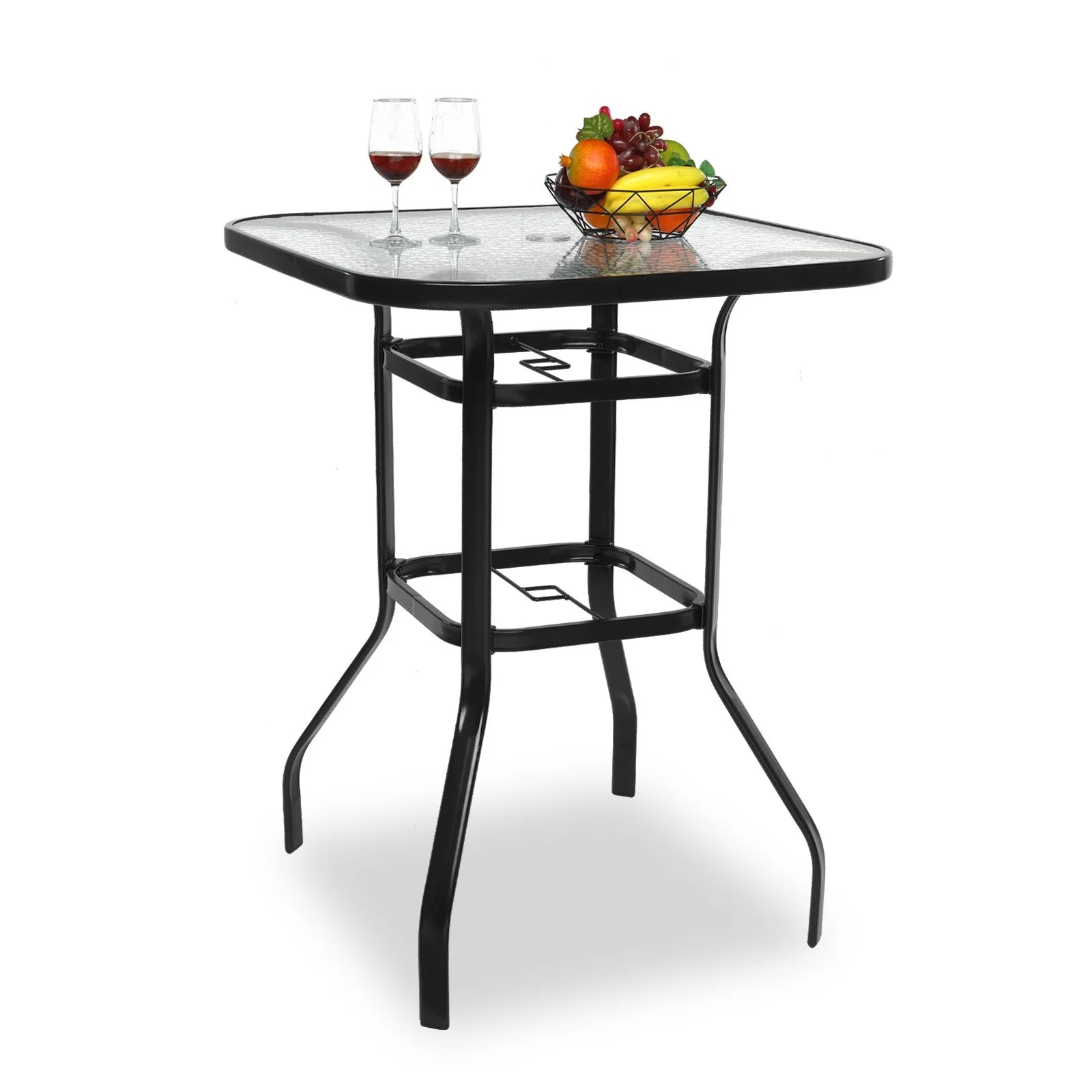 IVV Outdoor Patio Bar Height Bistro Table w/Tempered Glass Top & 1.8" Umbrella Hole & Metal Frame, 31.5"L x 31.5"W x 39.8"H, Black & Clear