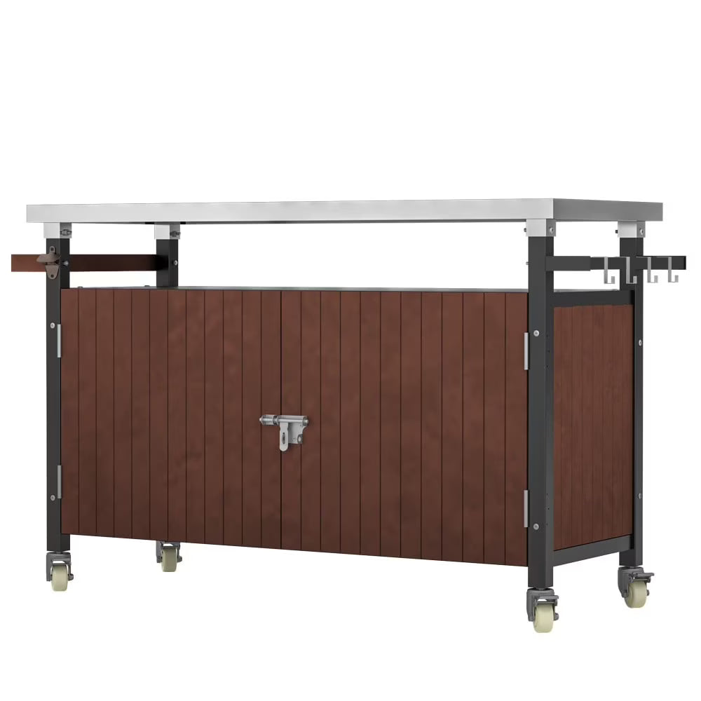 IVV BBQ Grill Storage Cart/Bin, Outdoor Storage Cabinet on Wheels, Metal Kitchen Dining Table Cooking Prep Table with Wheels, Hooks, and Spice Rack, for Patio Island Home Party Bar (Brown)