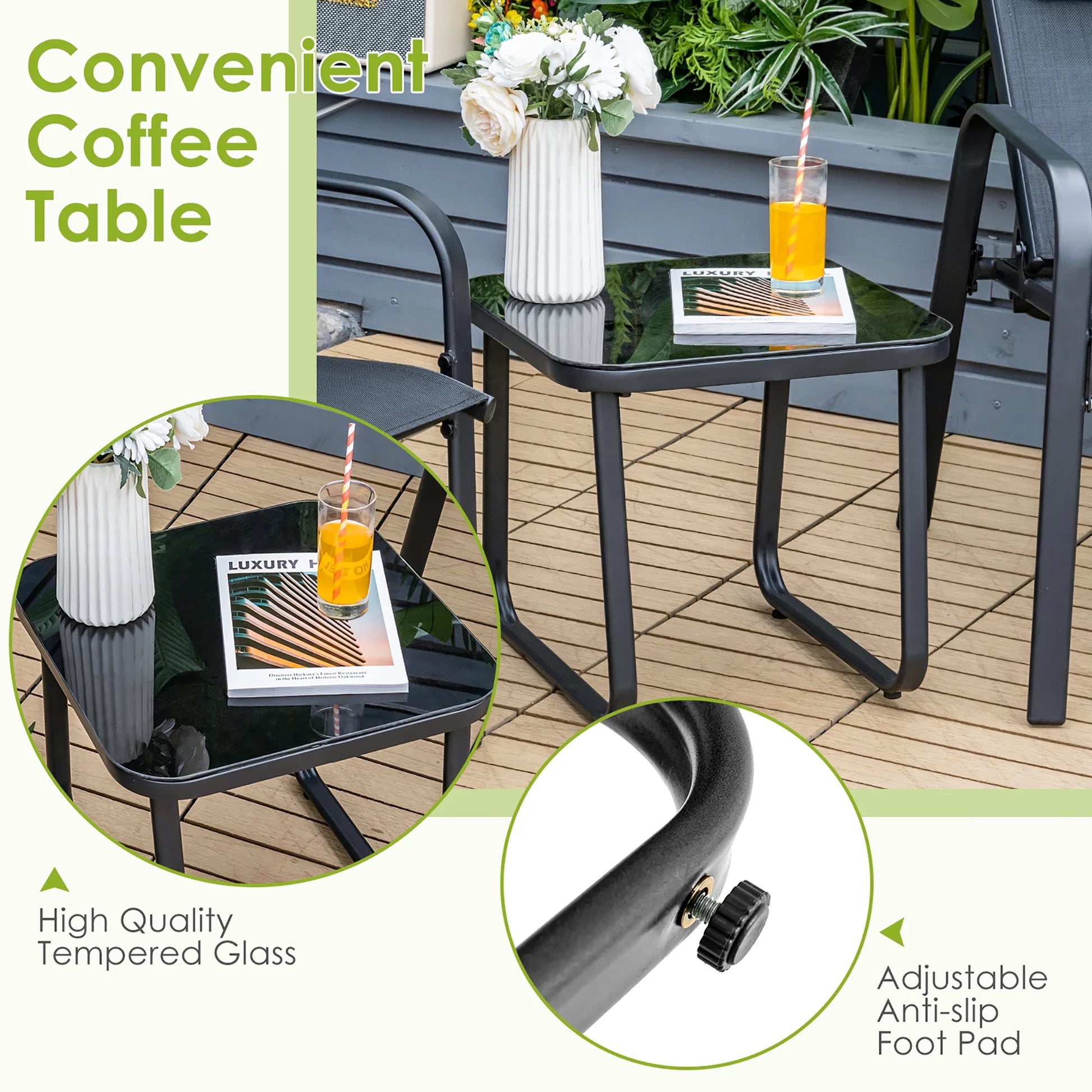 Costway 3PCS Patio Bistro Furniture Set Adjustable Back Stackable Chairs Black