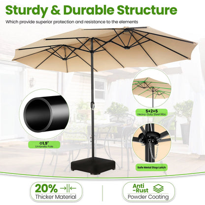 VIBESPARK 15ft Large Outdoor Umbrella Double-Sided Patio Umbrella with Base, Crank Handle, 12 Ribs Rectangular Umbrella for Patio Graden Poolside (Beige)