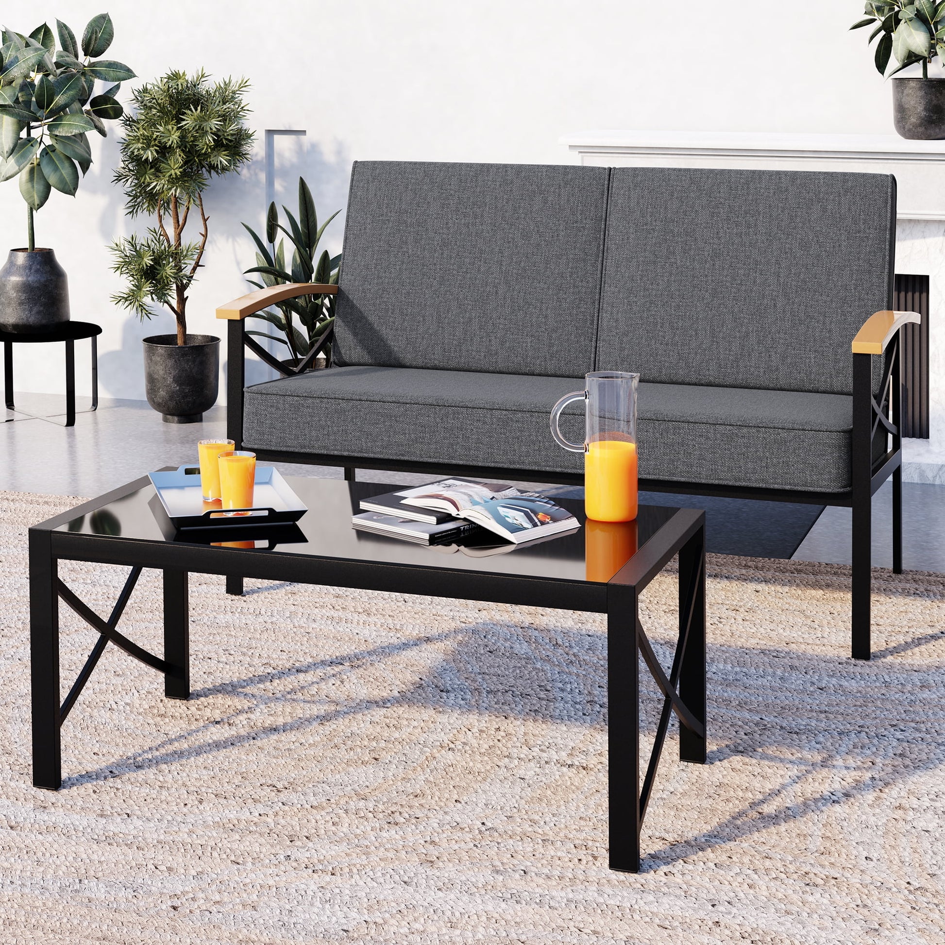 Walsunny Metal Outdoor Patio Furniture Sectional Set 2 Piece, Modern Outdoor Metal Loveseat Sofa Conversation Furniture Set