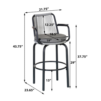 Lyric Modern 29" Outdoor Patio Bar Stools, Bar Chairs with Wood Grain Finish Frame with Hand-Woven PE Rattan Rope, Removable Cushions, Teak+Beige, Set of 2