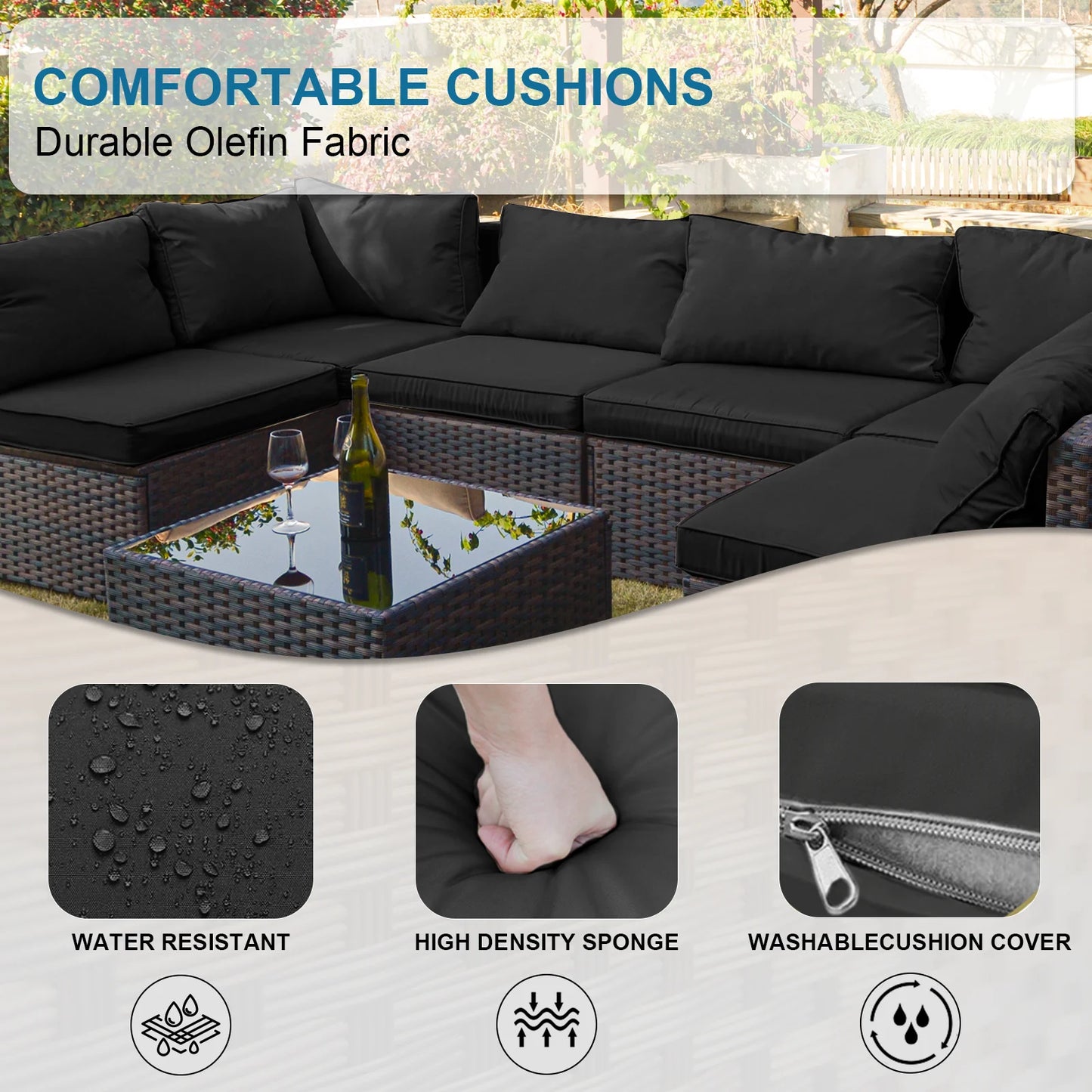 Grezone 7 Patio Outdoor Furniture Wicker Sectional Sofa Couch Lawn Sectional, Black