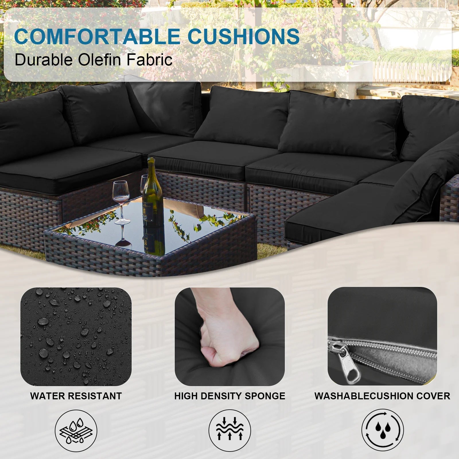 Grezone 7 Patio Outdoor Furniture Wicker Sectional Sofa Couch Lawn Sectional, Black