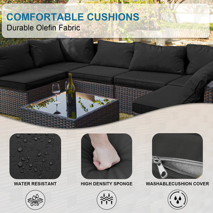 Grezone 7 Patio Outdoor Furniture Wicker Sectional Sofa Couch Lawn Sectional, Black