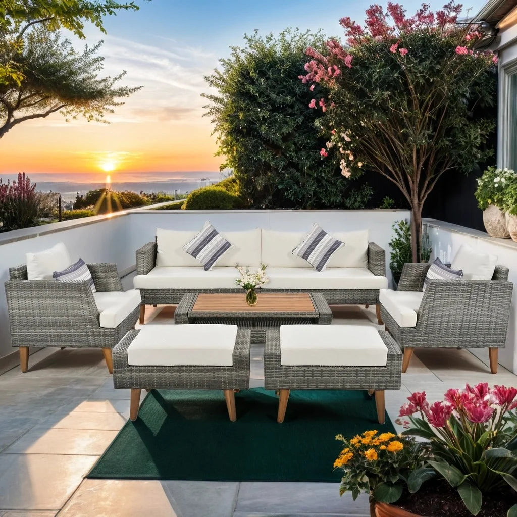 6 Pieces Wicker Patio Furniture Set Outdoor Conversation Set, All Weather PE Rattan Sectional Sofa Couch with Storage Table and Cushions, Beige