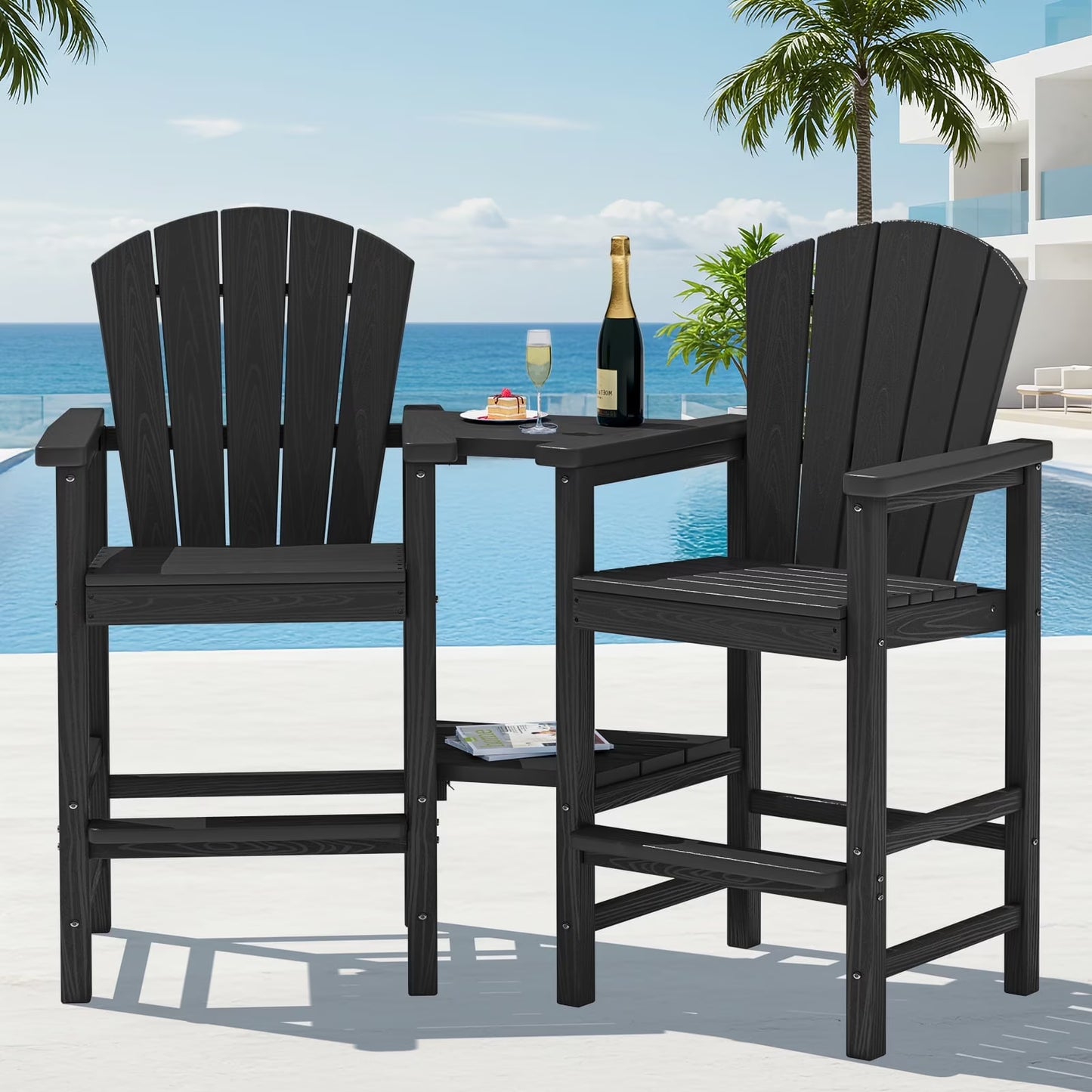 JUSTLET Tall Adirondack Chair Set of 2 with Double Connecting Tray, HDPE Outdoor Weather Resistant Patio Bar Stools, Navy Blue
