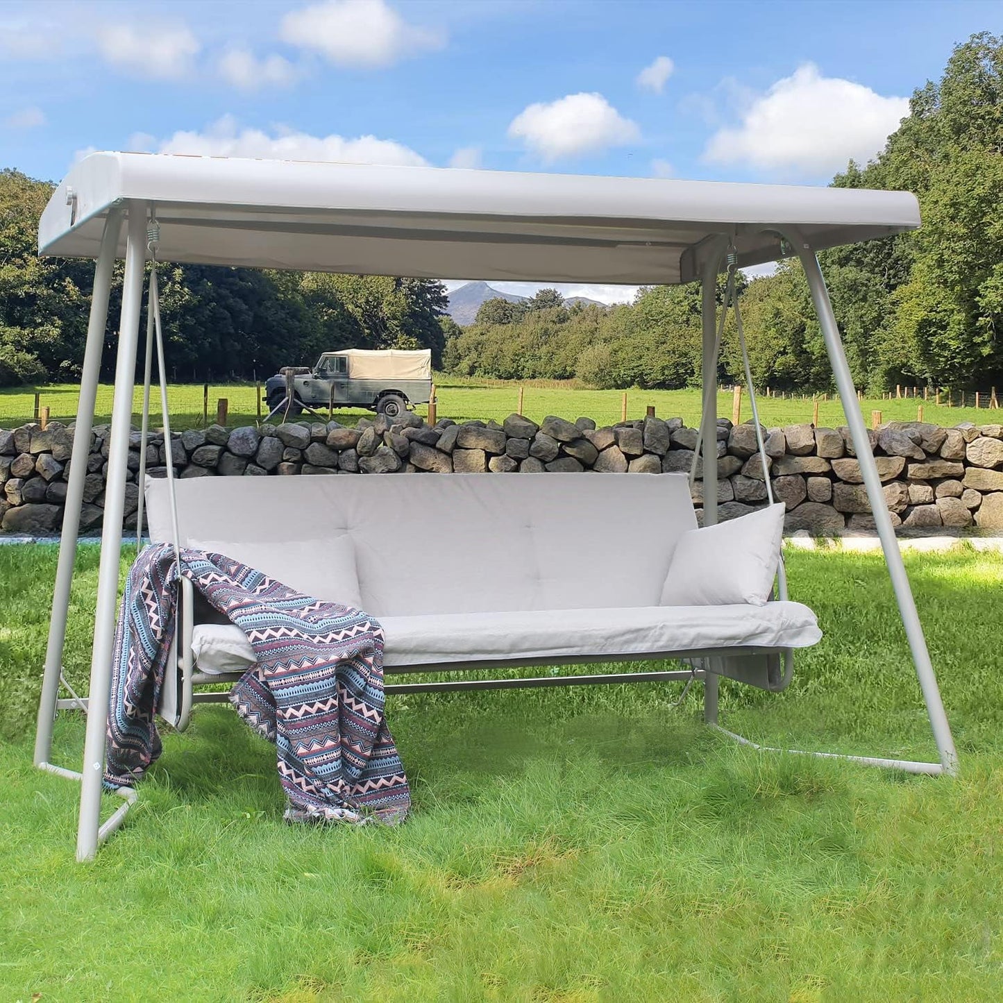 CHINNLUU Oversized 4 Person Porch Swing with Stand 800 LBS Capacity Adjustable Canopy Backrest Includes Cushions Pillows Patio 2 in 1 Swing Bed for Backyard Garden Poolside, Champagne