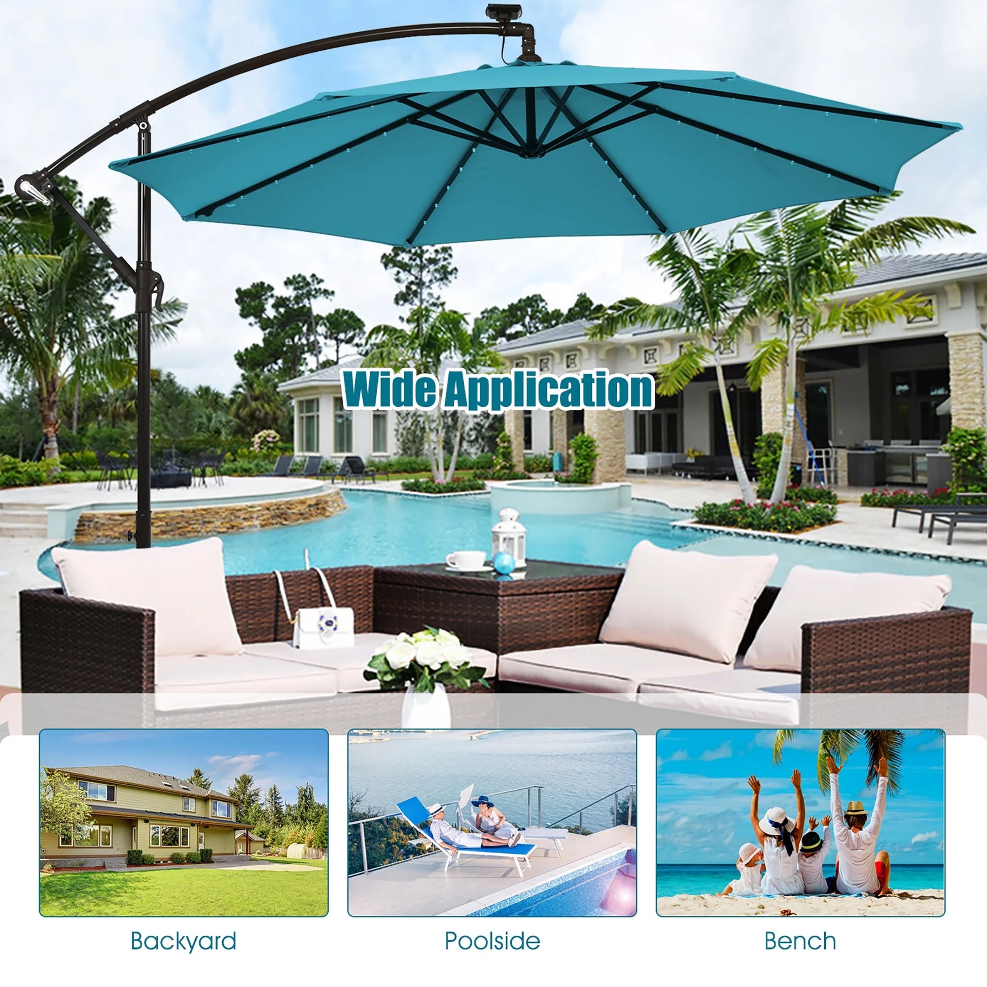 Costway 10 Ft Patio Solar LED Offset Umbrella 40 Lights Crank Base Turquoise