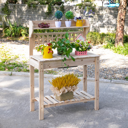 Outsunny Outdoor Potting Bench Table, Wooden Workstation with Sliding Tabletop, Storage Shelf and Dry Sink, for Greenhouse, Garden, Patio, Brown