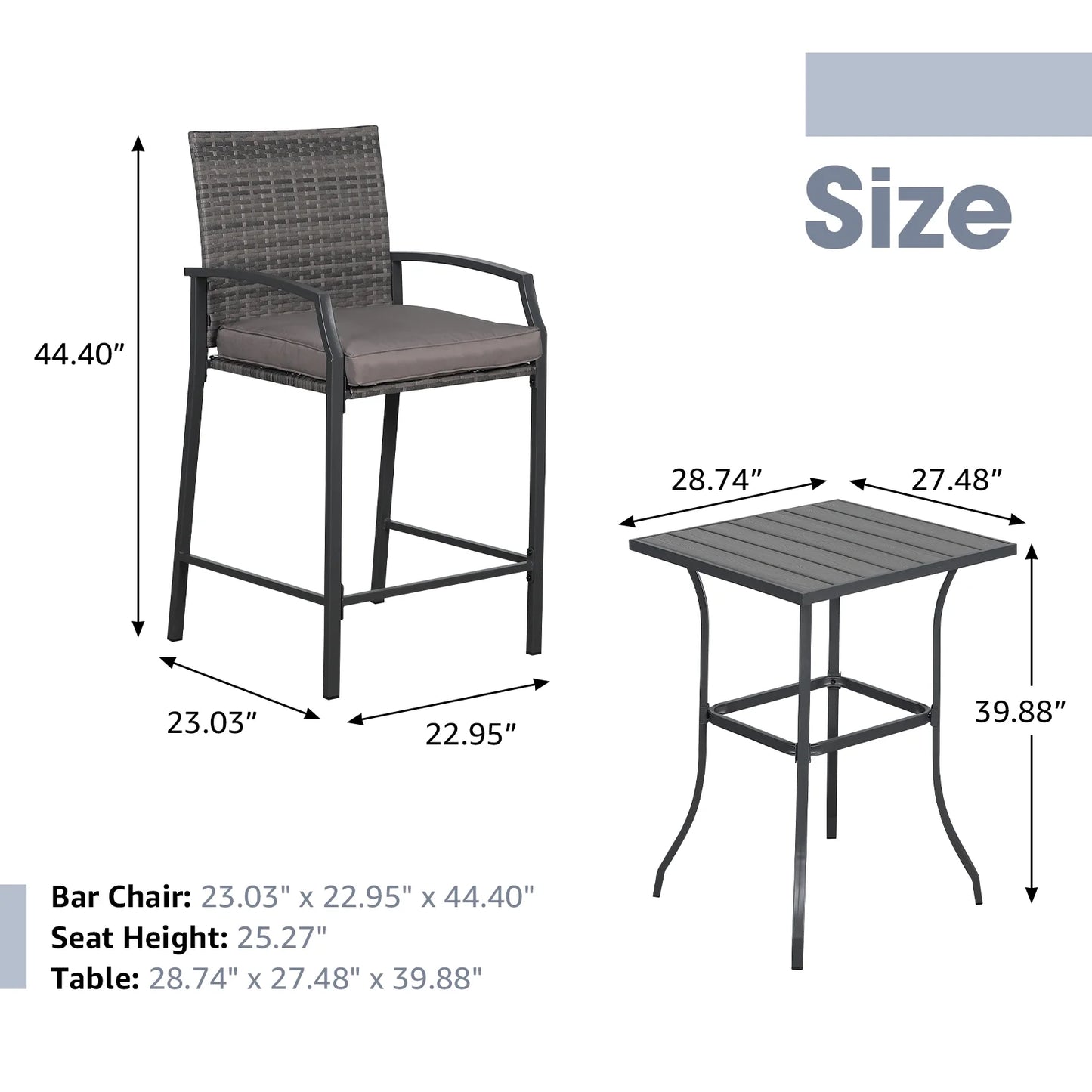 OC Orange-Casual Patio Bar Set, All-Weather Wicker, 2 Height Rattan Bar Stools with Wood Grain Top Coffee Table, for Porch, Garden, Bistro, Grey Cushion, 3-Piece